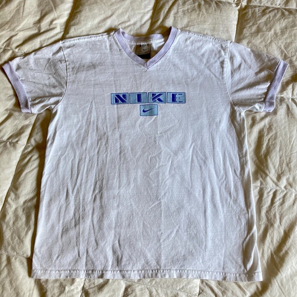 Vintage Nike TShirt L Spell Out Puff Print Glitter Logo Center Swoosh USA Y2K 99 - Picture 2 of 14